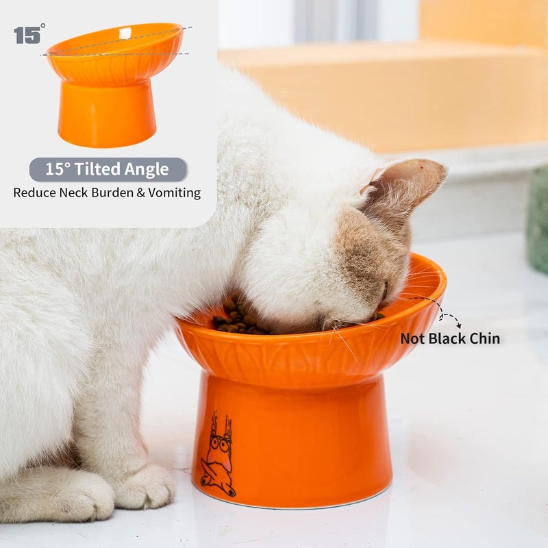 OMAYKEY 6.5 Inch Extra Wide Ceramic Raised Cat Bowl Set, Tilted Elevated Cat Bowls for Food and Water, Prevent Whisker Fatigue, Stress Free, Less Vomiting, Protect Spine, Lead & Cadmium Free, White & Orange - Image 3